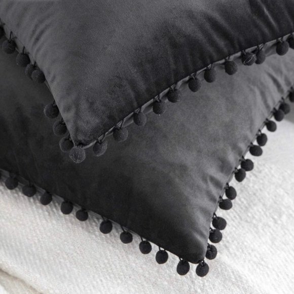 (Only Covers) Set of 2 Poms Poms Velvet Decorative Throw Pillow Covers, Black - Picture 2 of 2